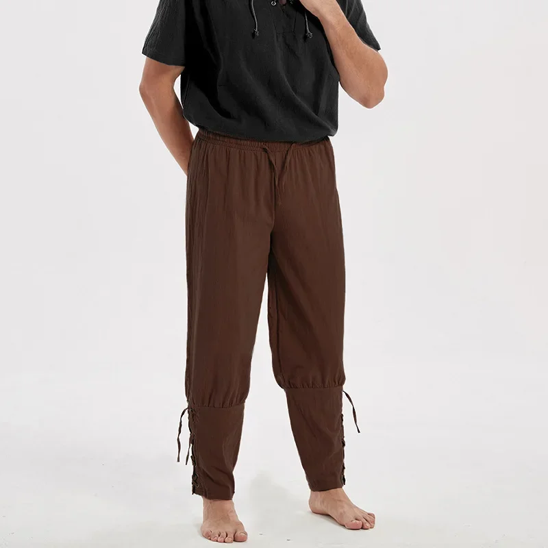 Baumwolle Leinen Reiter Ritter Kostüm Leggings Männer Mittelalterliche Piratenhose Vintage Schwarz Navigator Beinhose Kordelzug Hose