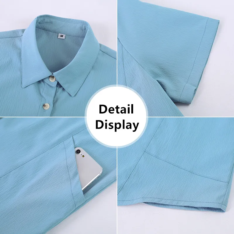 New Women'S Loose Pocket Short Sleeved Top Middle-Aged Mothers Summer Fashion Versatile Medium To Long Length Chiffon Shirt Lady