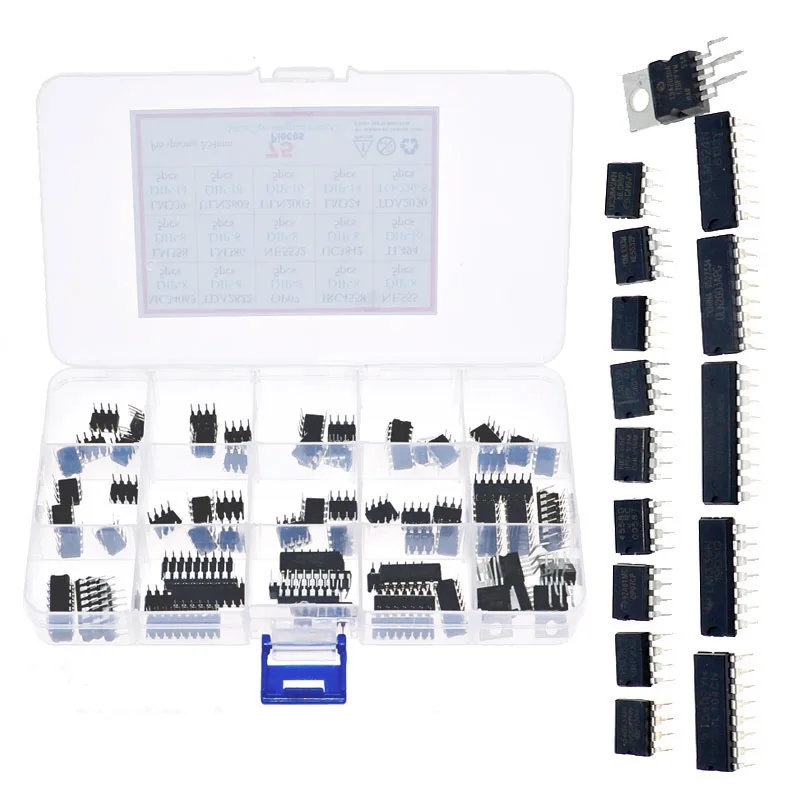 75Pcs 15 Valore Dip Ic Scatola Del Kit Lm358 Lm386 Uln2003 Lm324 Ne555 Mc34063 Tda2822 Jrc4558 Op07 Tda2030 Uln2803 Lm339 Ne5532