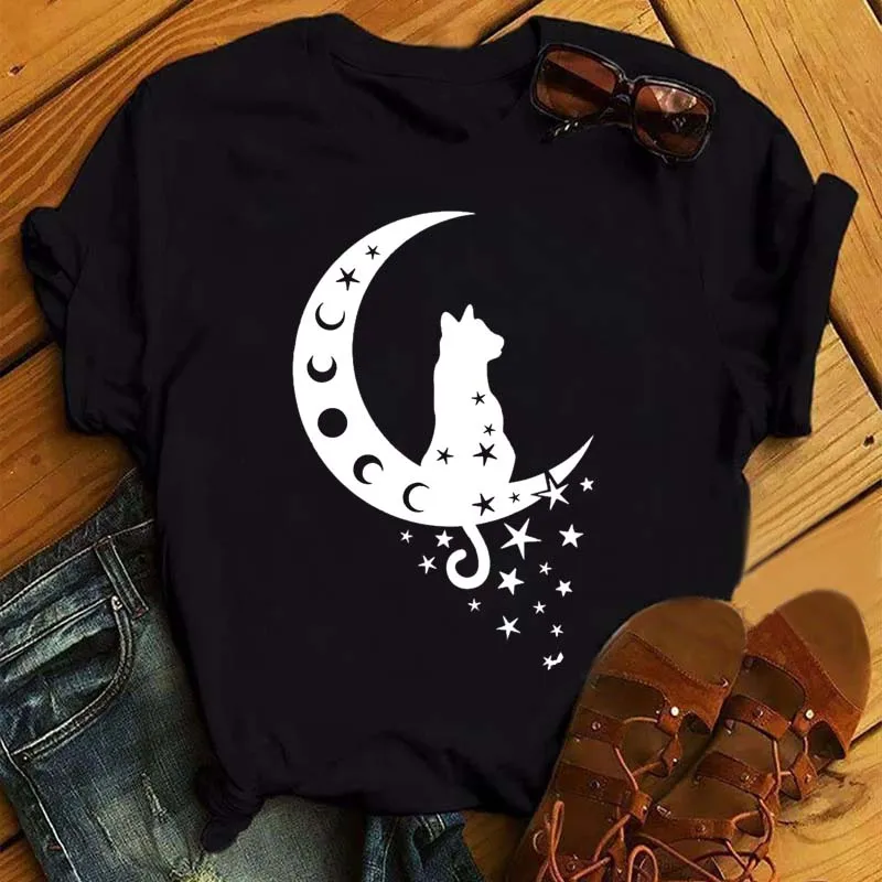 

Camiseta Harajuku para mujer, Camiseta con estampado de Luna y Estrella, camisetas de manga corta con cuello redondo, ropa para