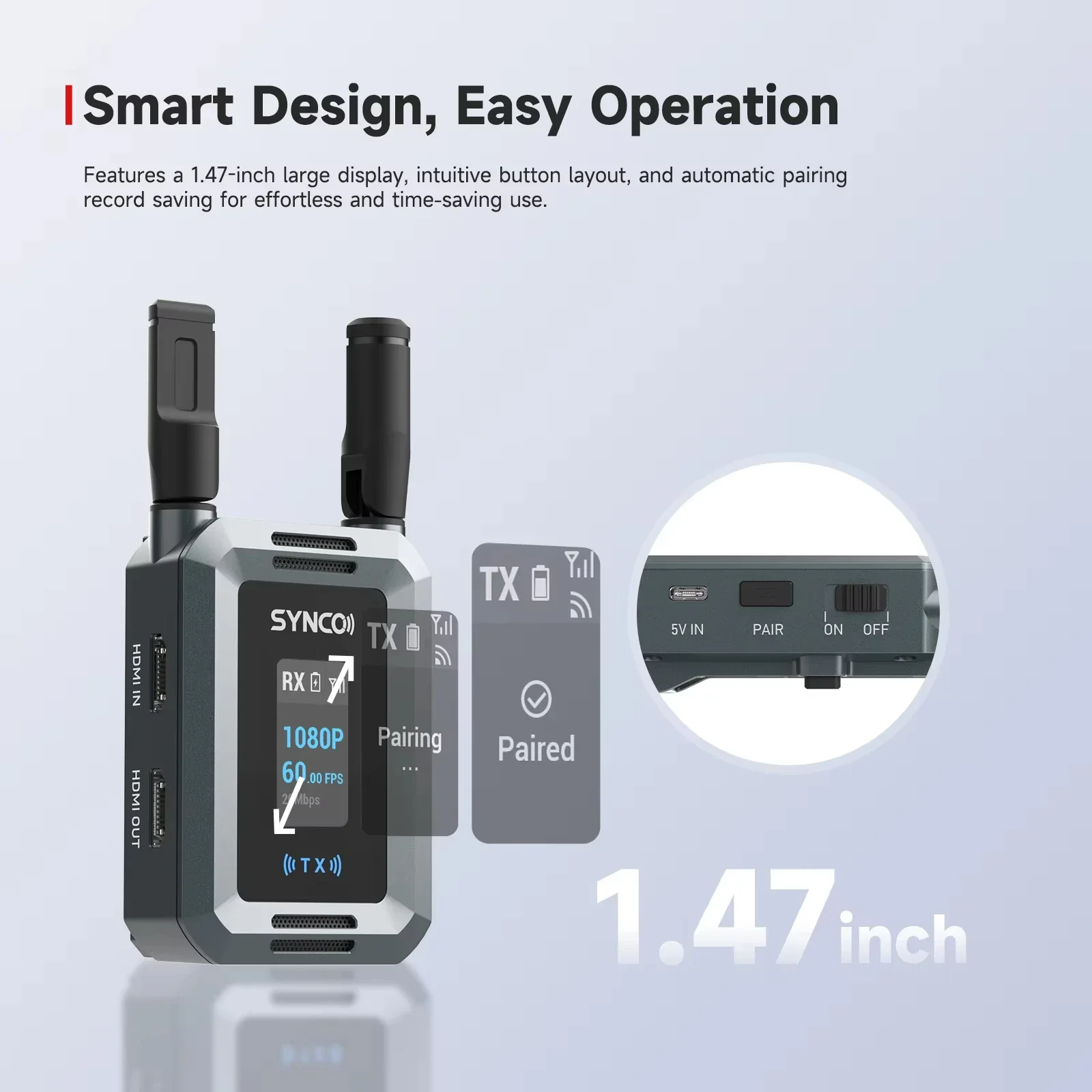 SYNCO Xvison HD Wireless Video Transmission System 1.47" Screen Ultra-Low 40ms Latency Stable HD Transmission up to 300 Meters