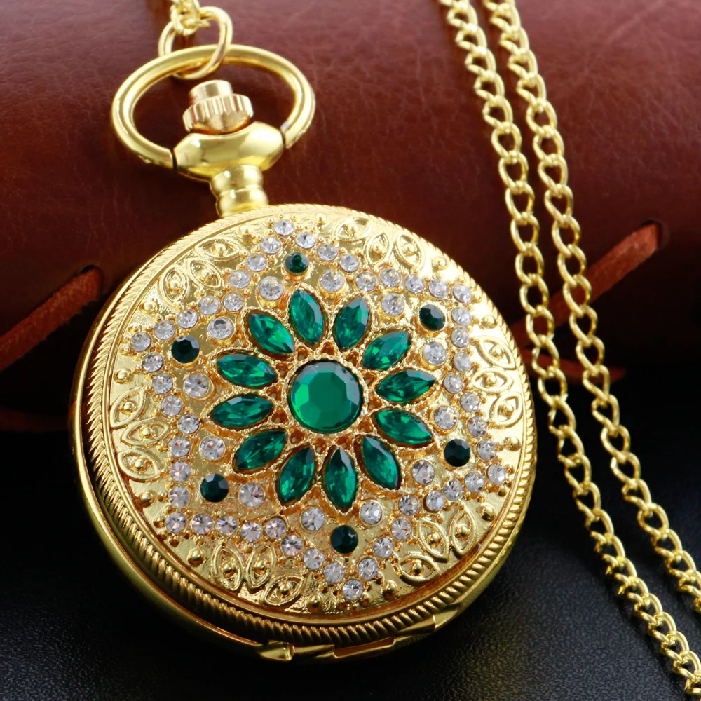 GoldDiamondLuxuryEmeraldGemPocketWatchNecklaceDigitalPendant