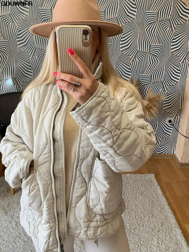 ZA Women's Cotton Coat 2023 Winter Fashion Pocket Drawstring Warm Vintage Long Sleeve Zipper Female Outerwear Tops Jacket 5