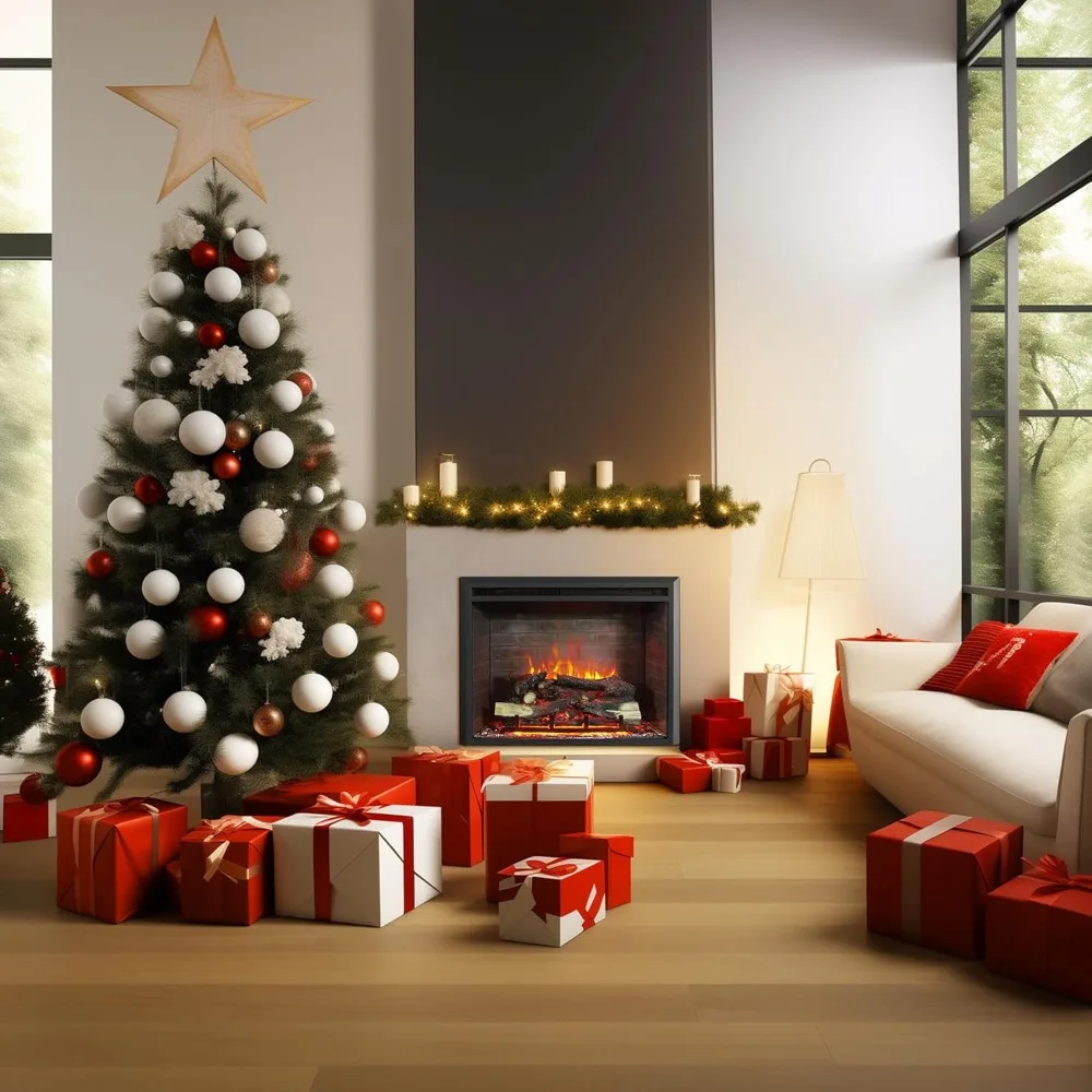 Electric Fireplace Insert with Log Speaker, Designed for Stud, Wood Burning Opening, Cabinet & Wood Mantel, Remote Control 2