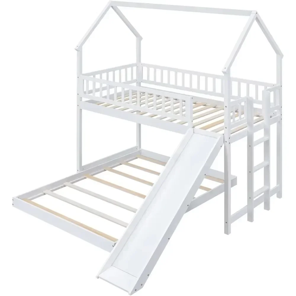 House Bunk Bed with Slide and Ladder and Twin Over Full Wooden Bed Frame with Full-Length Guardrail for Bedroom Boys Girls 4