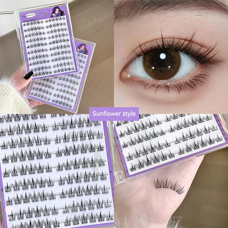 Gege Bear No-Glue False Eyelashes - Easy 3-Step Application, Natural Look, Perfect for Beginners with Sunflower Desig