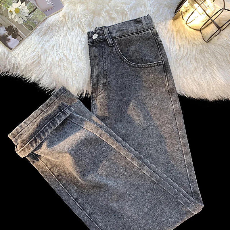 

New Classic Baggy Straight Jeans Men's Spring Fashion Korean Elastic Waist Pants Streetwear Vintage Black Grey Washed Denim T