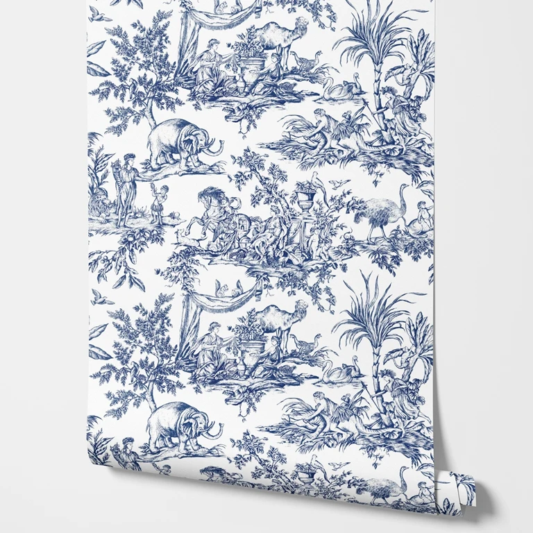 Description Picture 3 of itemToile Navy Wallpaper with ancient Warriors and elephant, Forest style engrave print wallpaper