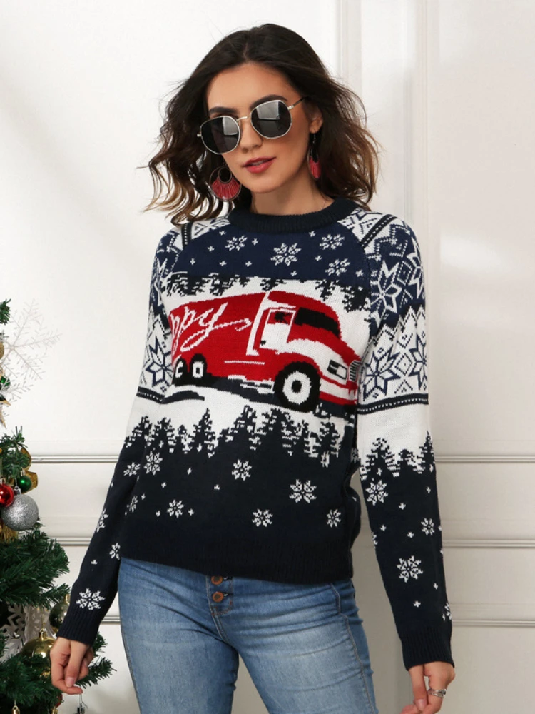 

Christmas Women's Sweater Pullover Knitwears Tops Loose O-neck Long Sleeve Christmas Themed Prints Vintage Winter Women Clothes