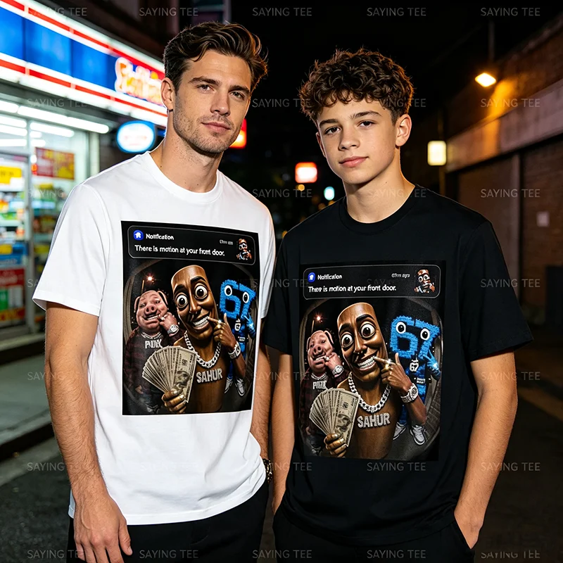John Pork Tung-Tung-Tung Sahur 67 Meme Lustiges Brainrot T-Shirt „Es gibt Bewegung vor deiner Haustür“ Grafik-Bekleidung Neuartiges Geschenk