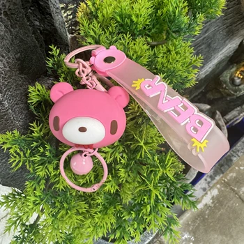 Cute Pink Bear Keychain with Bell & Wrist Strap – Kawaii Bag Charm for Daily Decor & Gift