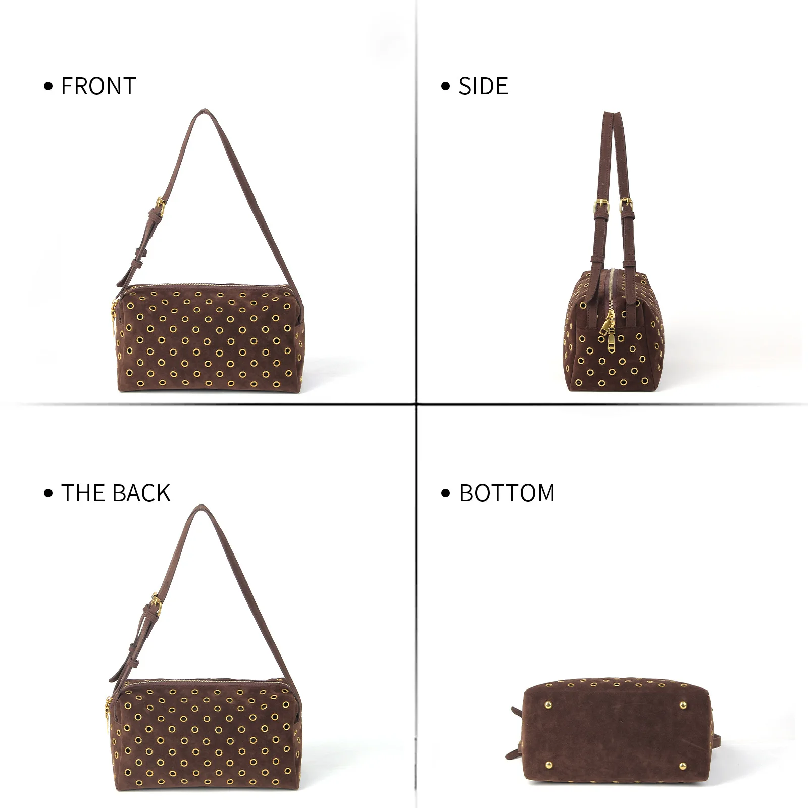 New High-end Luxury Literary Style Shoulder Bag Imitation Suede Texture Rivet Shoulder Bag Work Commuting Dating Hollow Handbag