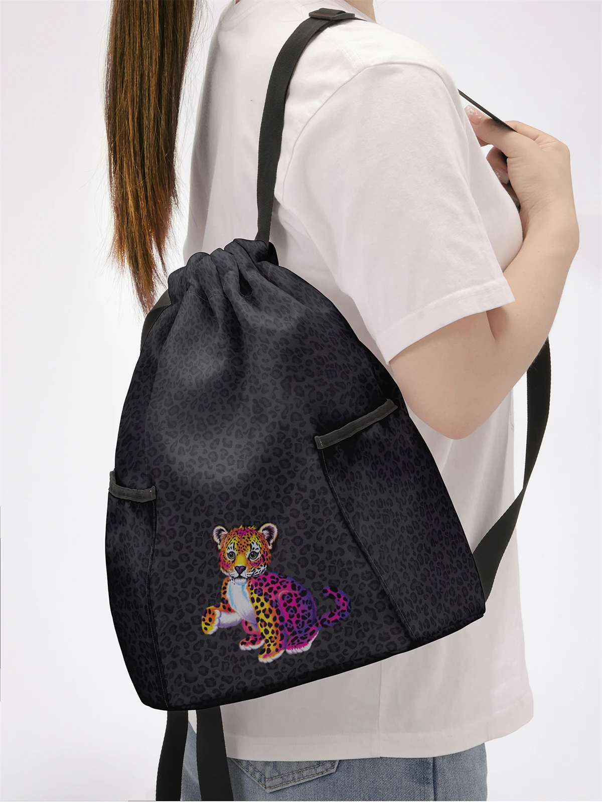 Leopard Pattern Drawstring Backpack - Large Capacity Durable Fitness Bag, Adjustable Shoulder Straps, Sports Beach Backpack