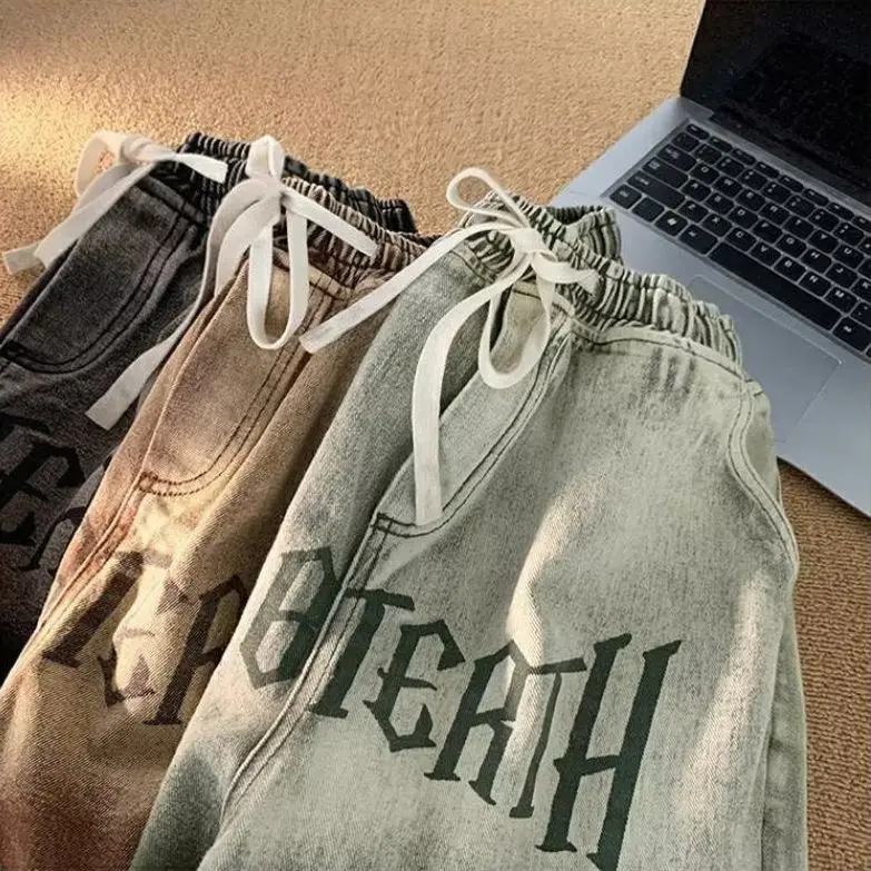 Gradient Washed Denim Shorts Women Men's Summer Wide-leg Five-point Pants New Loose Retro Cowboy Letter Pockets Drawstring