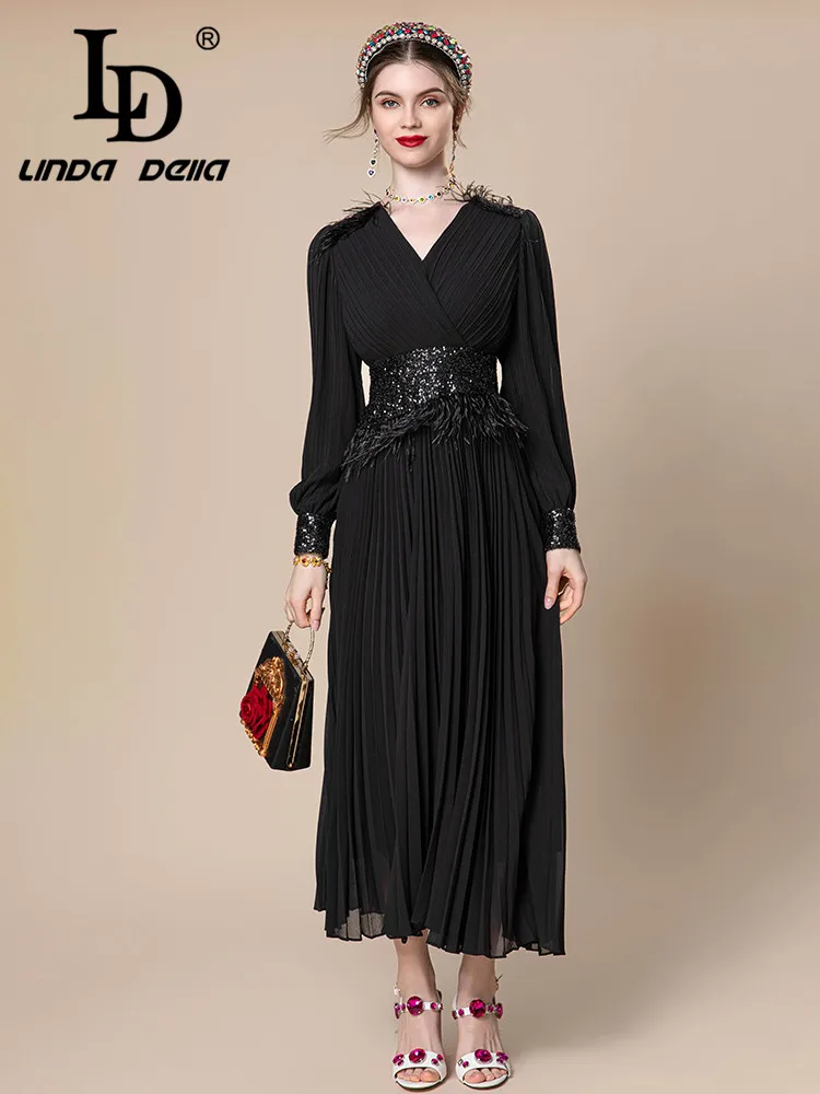 

LD LINDA DELLA Autumn winter New Designer Dress Women's Black Splice long sleeve Slim Fit Sequins Feather Chiffon Pleated Dress