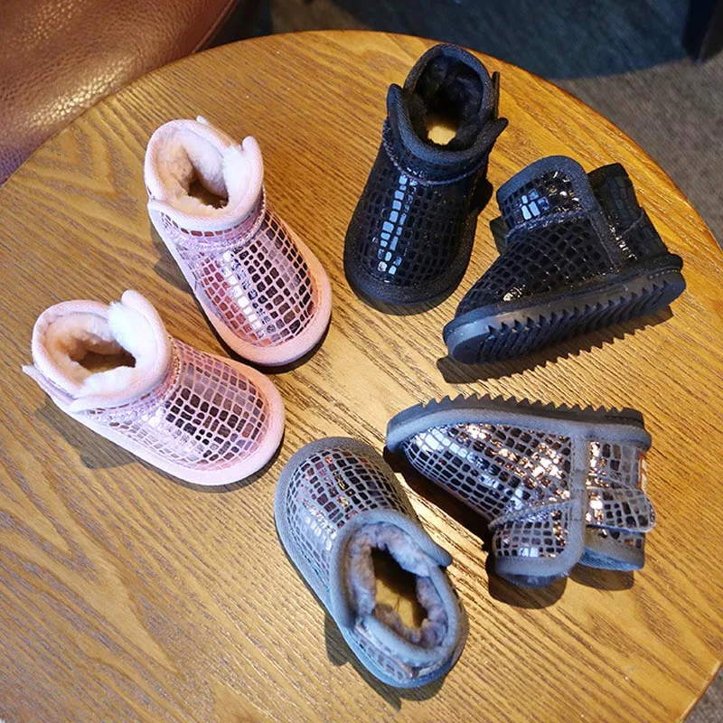 

Baby Snow Boots Winter Kids Anti-skid Plaid Leather Short Boots Warm Plush Princess Girls Flat Shoes Booties Newborn Firstwalker