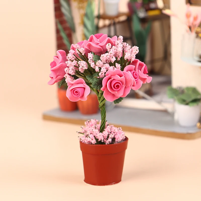 

1:12 Dollhouse Miniature Potted Plants Rose Flowerpot Bonsai Simulated Rose Flower Model Garden Home Doll Decor Toy