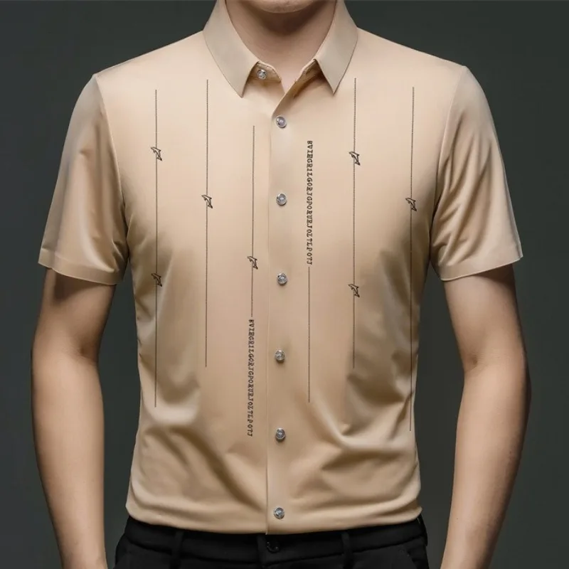 Summer New Shirts for Men Short Sleeve Turn-down Collar Traceless Printing Fashion Blouse Button Striped Casual Loose Slim Tops 2