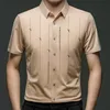 Summer New Shirts for Men Short Sleeve Turn-down Collar Traceless Printing Fashion Blouse Button Striped Casual Loose Slim Tops 2