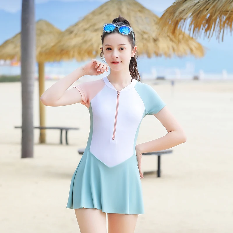 소녀 원피스 수영복 드레스 반팔 블루 솔리드 패치 워크 9-16 세 십대 대학생 키즈 어린이 수영복 2023