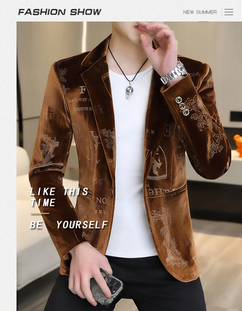 Description Picture 3 of itemMen's golden velvet boutique fashion handsome casual hot gold trend autumn and winter suit coat with men's small suit coat
