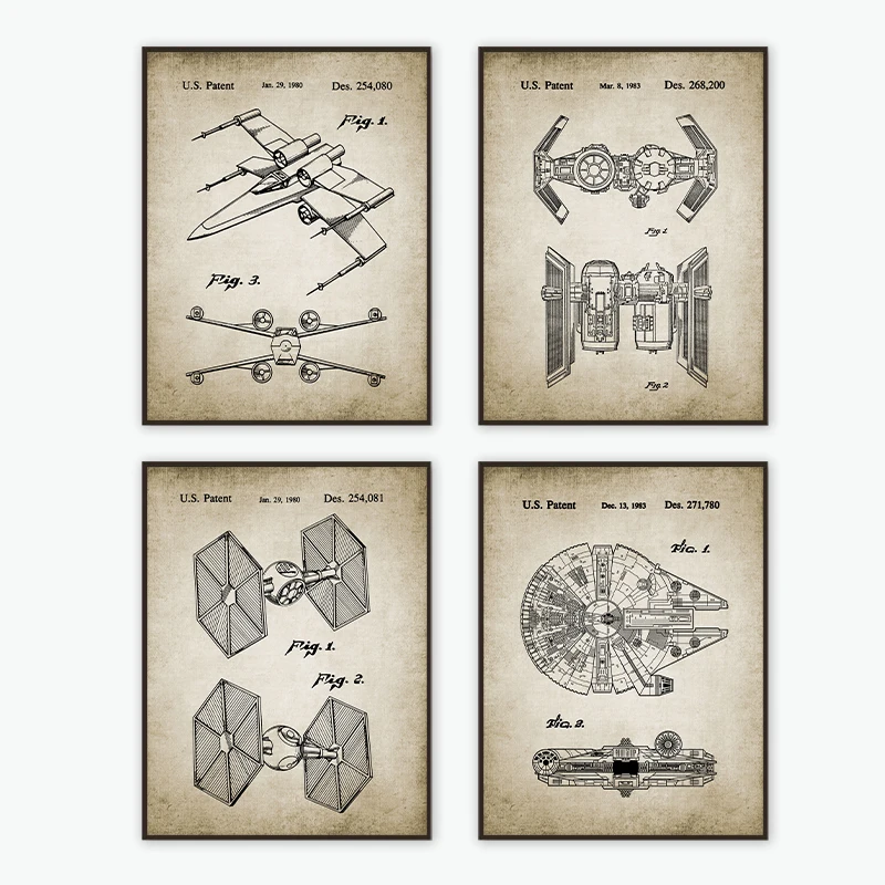 Star Wars Patent Wall Art Prints Millennium Falcon Spacecraft Canvas Painting Tie Fighter Rebel X-Wing Poster Sci-Fi Decoration |