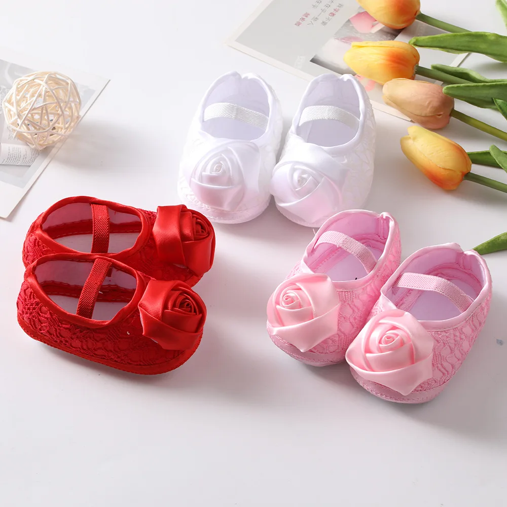 Newborn Baby Shoes Baptism White Bowknot Baby Girl Lace Shoes Headband Set Toddler Prewalker Cute Soft for 0-18M Kids