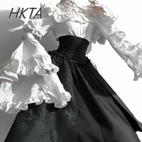 Gothic Shirt Y2k Top Lolita Girls Ruffle Umbrella Skirt High Waist Oversized Long Skirt Horn Long Sleeve Student Elegant Blouse - Image 3