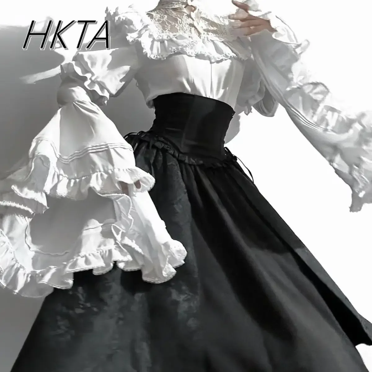 Lolita Gothic High Waist Black Long Skirt Loose Oversized Flared Long Sleeve Blouse Top Y2k Ji Sleeve Gorgeous Elegant Skirt Set 5