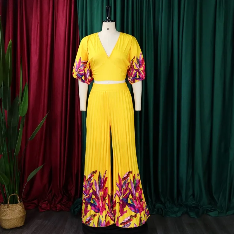 New Summer Women's Fashion V-neck Printed Top & Wide Leg Pants Set Temperament Commuting Female Trousers Sets Two-piece Outfits