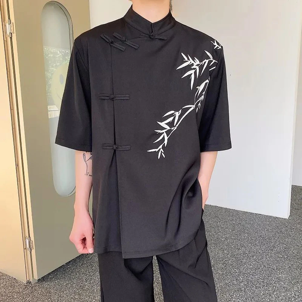 

Summer Men Fashion Embroidery Standing Collar Shirt Printing Short Sleeve Solid Top New Improved Chinese Vintage Button Blouse