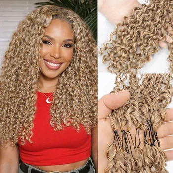 Honey Blonde Feather Crochet 100% Human Hair Extensions Reusable Knotless Invisible Burmese Curly Braiding Hair For Boho Braid 1