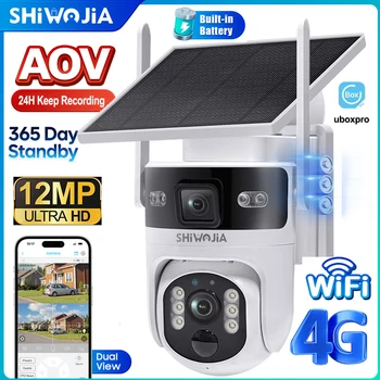 SHIWOJIA 12MP AOV Solar Battery Camera 4G SIM 7/24 Hours Recording Wireless WIFI Security PTZ Camera Dual Lens PIR Night Vision 1