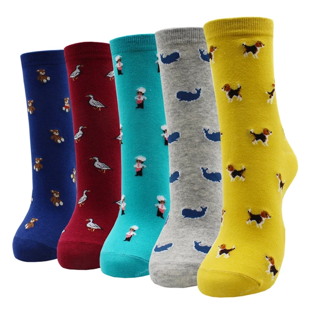 4-5 Pairs Newest Colorful Harajuku Korean Kawaii Cute Women Socks Cartoon Cat Dog Owl Stripe Avocado Girl Cotton Socks 5 pairs-AYT025
