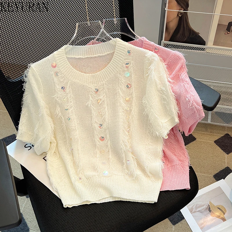 

Женская винтажная трикотажная футболка, Повседневный свитер с коротким рукавом и круглым вырезом, с бахромой и блестками, лето 2024