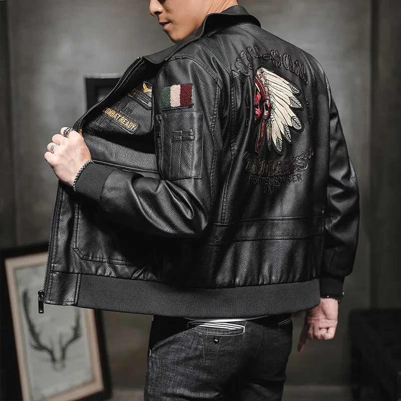 

2024 Autumn Men's Leather Jacket Lapel Embroidery Biker Motorcycle Jacket Winter Men's Casual Trend Windproof Coat Streetwear