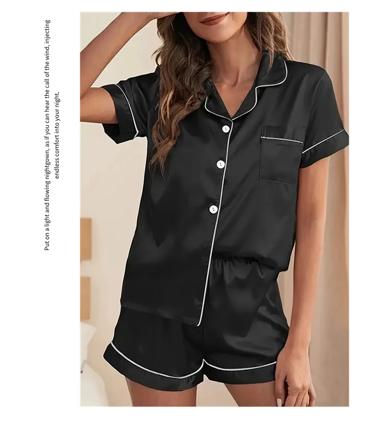 Frauen Nachtwäsche Seide Satin Pyjamas Set Button-Down Pyjama Shorts Anzug Pijama Femme Loungewear Pj Sets Einfarbig Hause kleidung – Detail 11