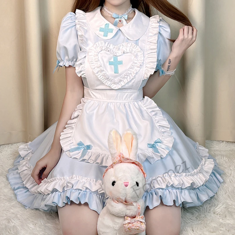 Gothic Lolita Cosplay Maid Costume Anime Cream Sweet Heart Lolita Dress Maids Wear Uniform Short-sleeved Nurse Costumes