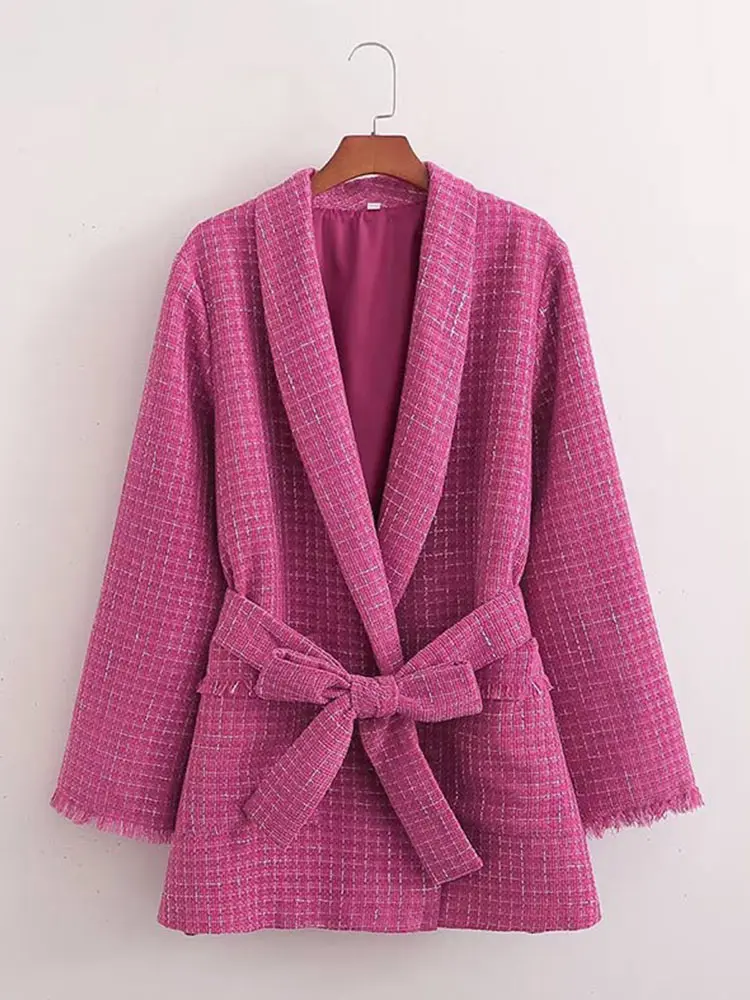 

Fashion Scarf Collar Texture Raw Edge Coat Women Loose Bowknot Waistband Long Sleeve Jacket Spring Vintage Casual Ladies Outfits