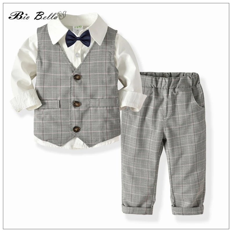 

Handsome Formal Kids Boys Clothing Set Wedding Xmas Christmas 2023 Autumn Winter Clothes Vest+TShirts+Pants Tie Gentlemen Suit