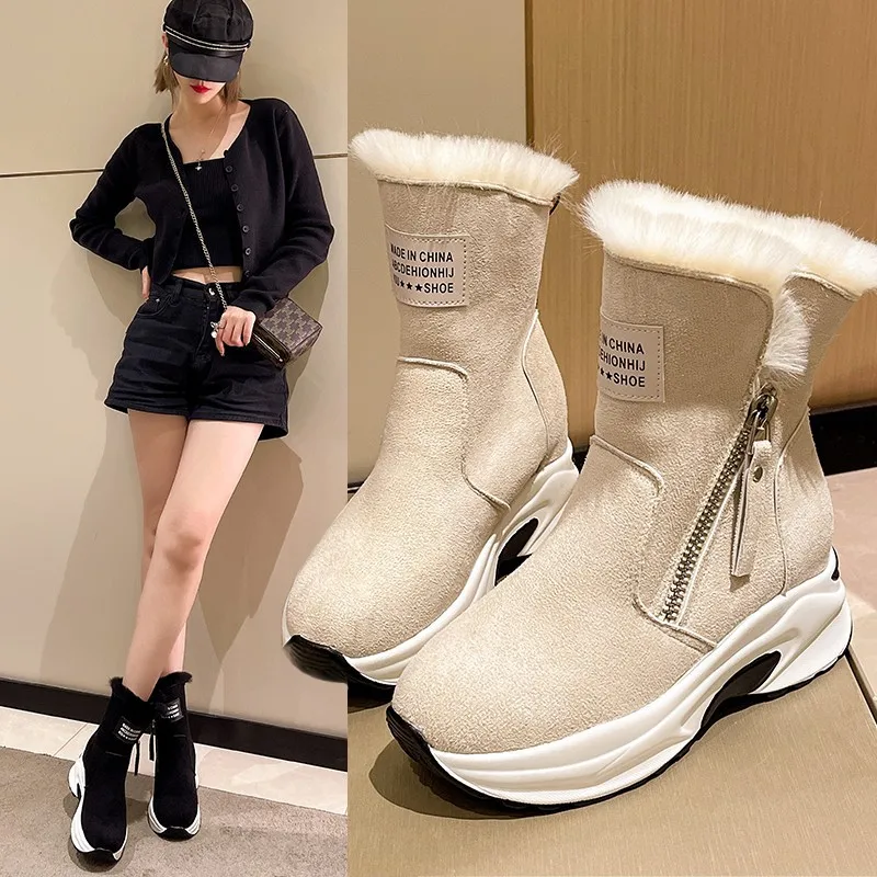 Hot Sales 2023 Winter New Round Head with Fleece Warm Side Zipper Low Cylinder Flat Casual Student Women's Snow Boots