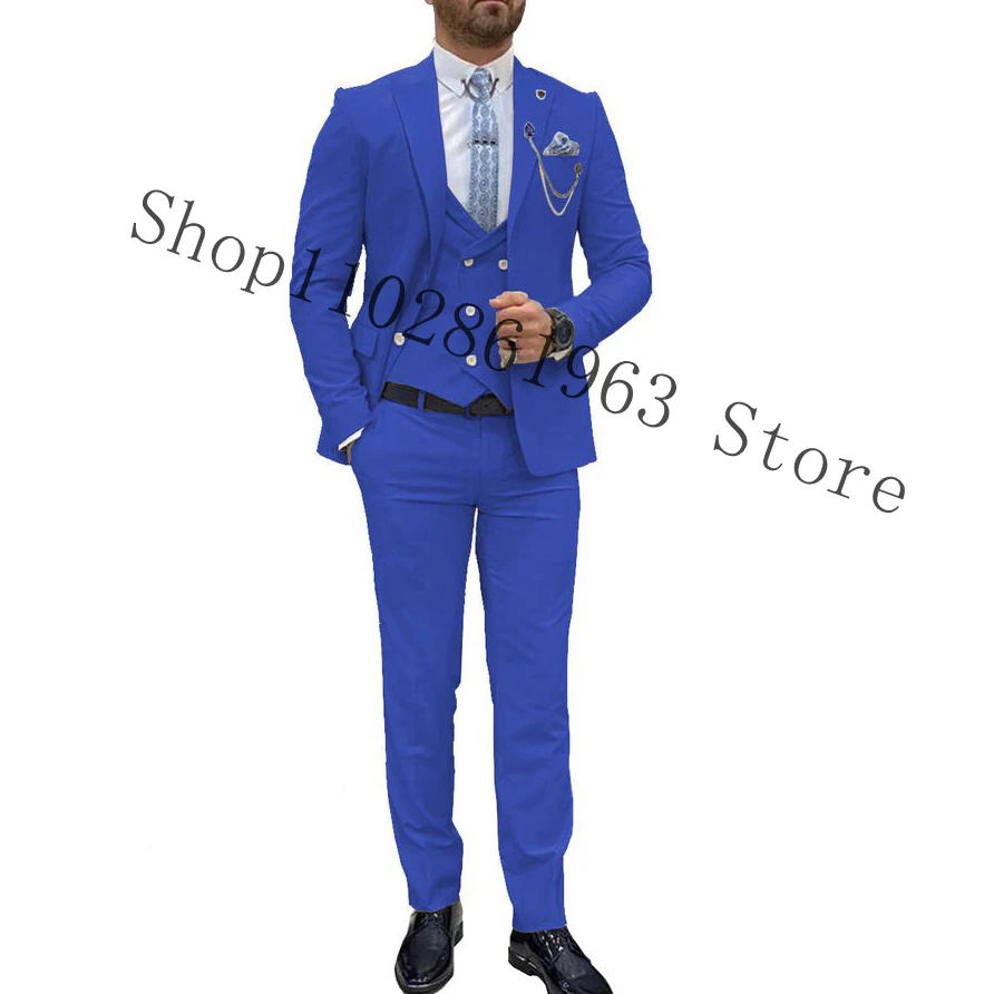 Royal Blue Elegant Wedding Suits For Men Slim Fit 3 Pieces Formal Male Tuxedos For Wedding Blazer+Vest+Pants Trajes De Hombre