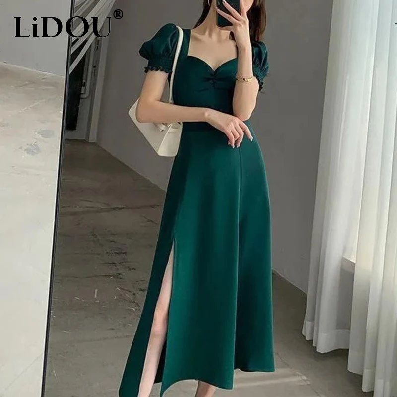 

2023 Summer Women's Elegant Fashion Short Sleeve Slit Dress Ladies Square Collar Solid Temperament Vestidos Female A-line Robe