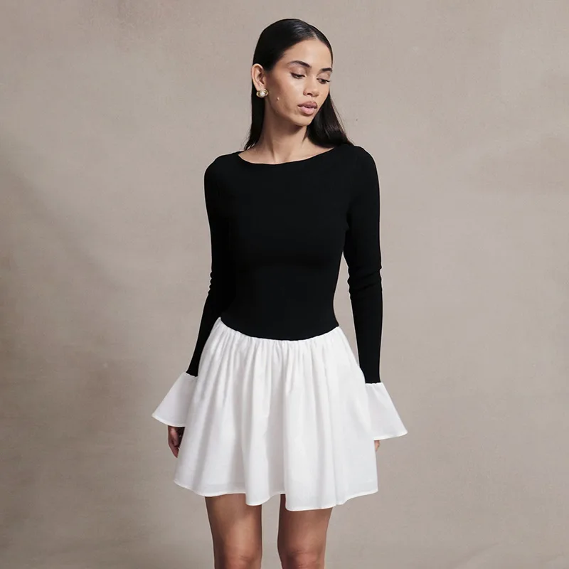 Ruffled Contrast Casual Mini Dress Women's Patchwork High Waist Elegant Fashion Party Dress Female Y2k Mini Dress New
