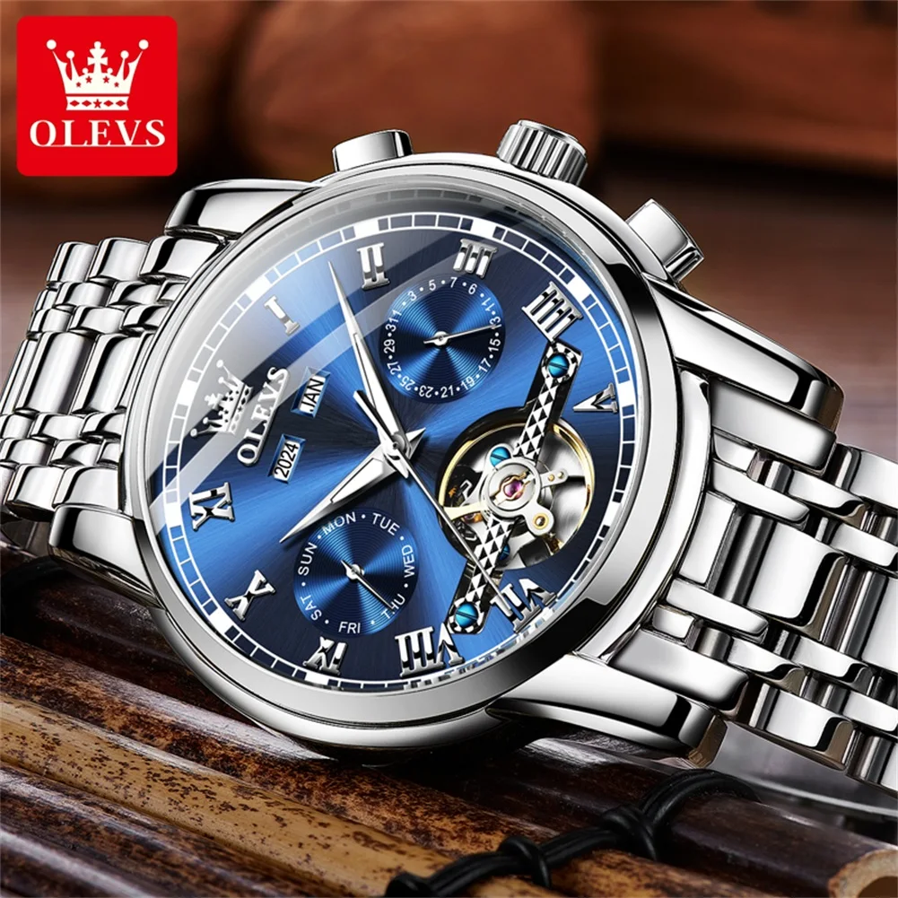 OLEVS 6607 Original Automatic Man Watch Skeleton Flywheel Auto Date Hand Clock Stainless Steel Waterproof Mechanical Wristwatch