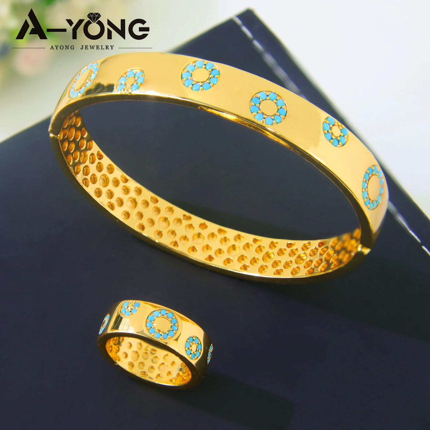 Arabisch Modeschmuck Set 21k vergoldet Dubai Muslim Retro Zirkonia Armreifen Ringe Äthiopien Frauen Party Schmuck – Detail 4