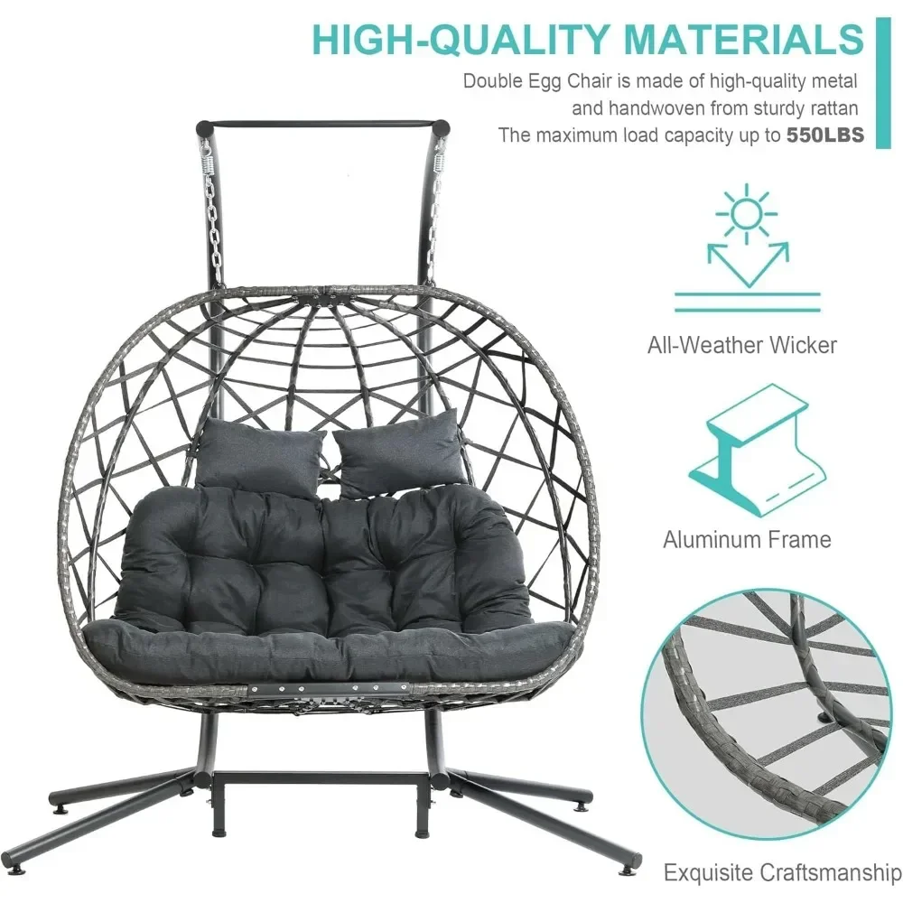 Double Egg Swing Chair with Stand, 2 Person Wicker Hanging Chair with Stand, Outdoor Indoor Oversized Hammock Chair 5