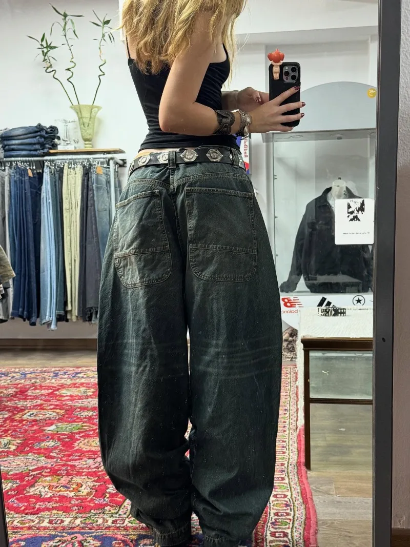 2025 American New Fashion Solid Color Black Big Pocket Baggy Jeans Ladies Y2K Hip Hop Pop High Waist Wide Leg Straight Trousers 4