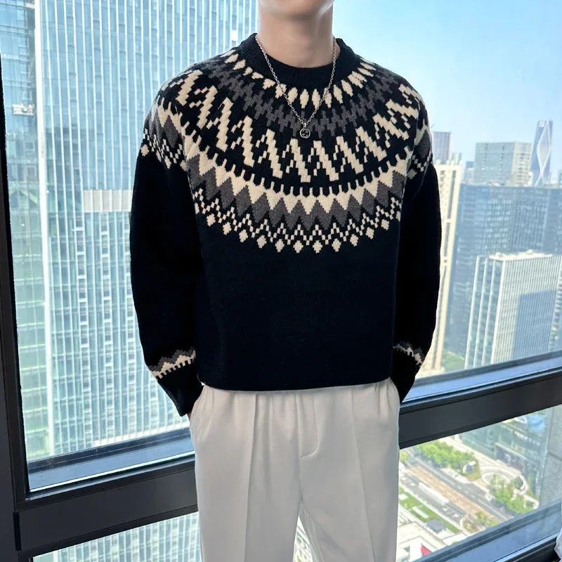 

National Style Mens Sweaters Fancy Graphics Contrast O-Neck Knitted Pullovers Autumn Winter Top Long Casual Jumper for Man