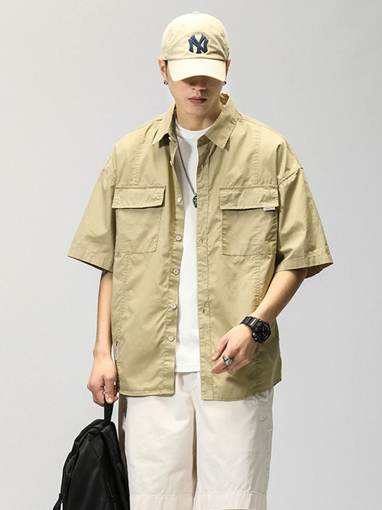 thumbnail image 1 of Camisa de manga corta con botones y bolsillos para hombre, estilo japonés, estilo cárdigan informal, a la moda, para verano, 1 of 5